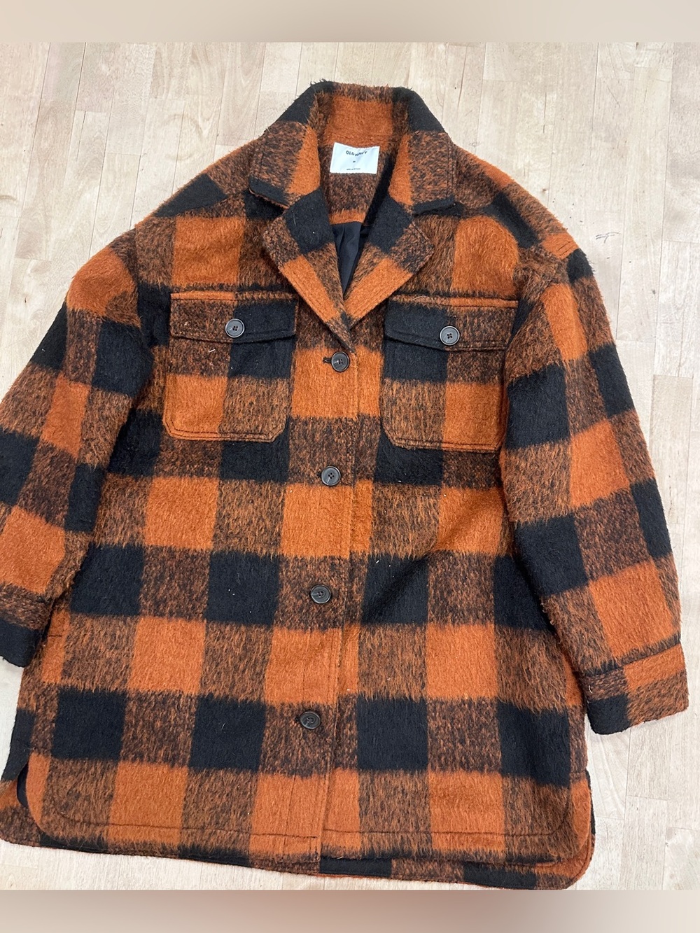 Old Navy Black and Orange Plaid Wool-Blend Pea Coat